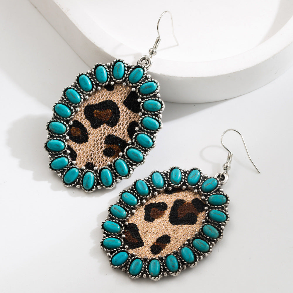 Wholesale Exaggerated Vintage Oval Turquoise Hollow Leopard Leather Earrings